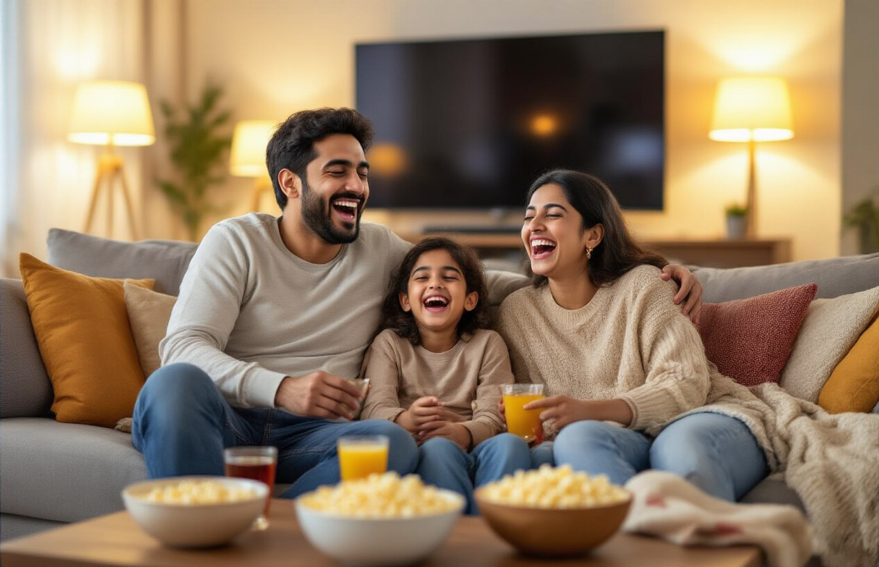 Create a realistic image of a South Asian family of four - two adults (one male, one female) and two children sitting together on a comfortable living room couch, all laughing heartily while watching something off-screen, with a large flat-screen TV visible in the background, warm ambient lighting from table lamps creating a cozy evening atmosphere, popcorn bowls and drinks on a coffee table, colorful cushions and a soft throw blanket adding to the homey feel, everyone appearing relaxed and genuinely enjoying their time together, absolutely NO text should be in the scene.