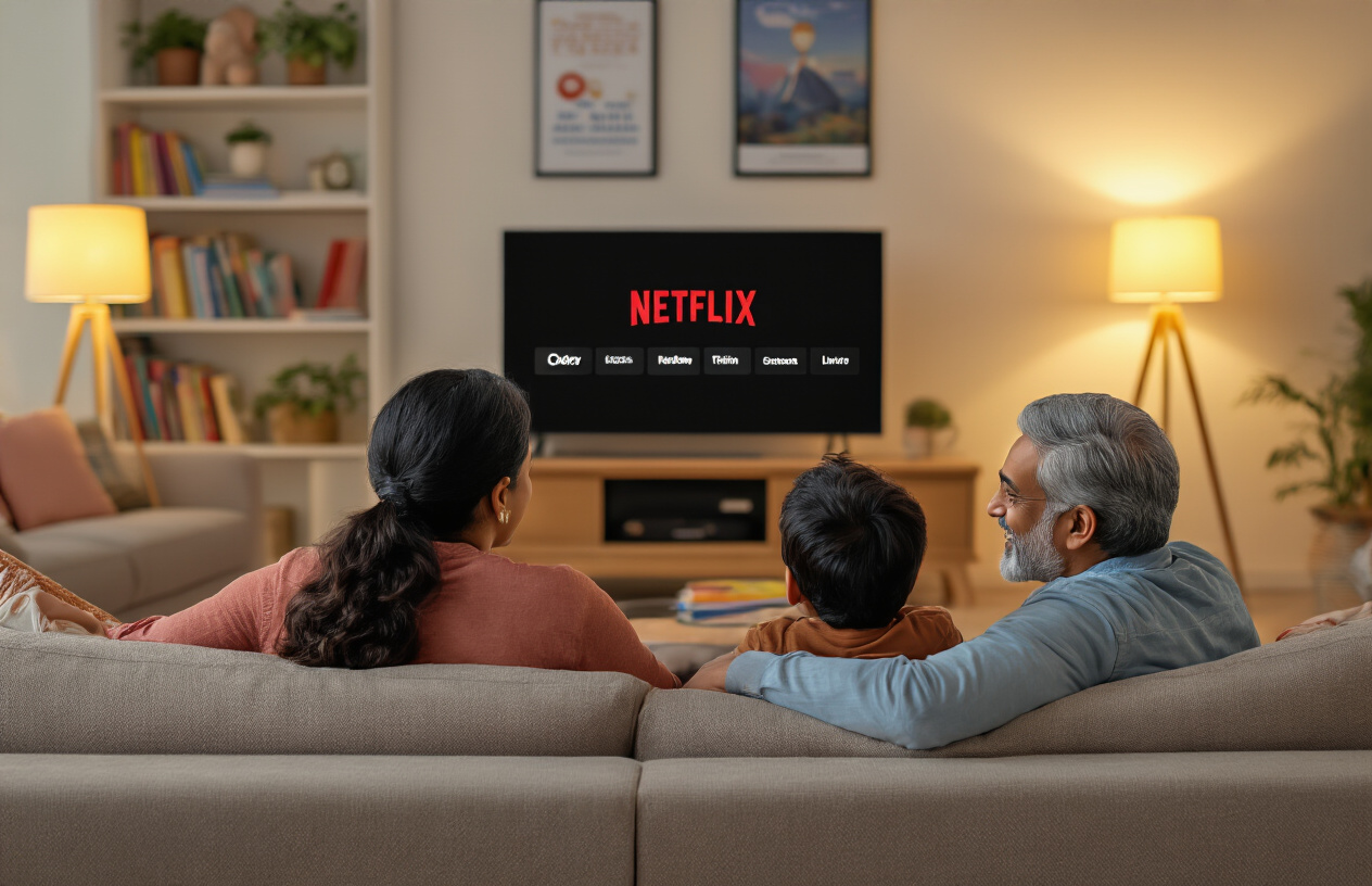 Create a realistic image of a South Asian family consisting of parents and children sitting together on a comfortable couch in a cozy living room, with warm lighting from a table lamp, watching a large TV screen that displays the Netflix interface, with educational books and inspirational posters visible on shelves in the background, creating a warm and inviting atmosphere that suggests learning and family bonding time, absolutely NO text should be in the scene.