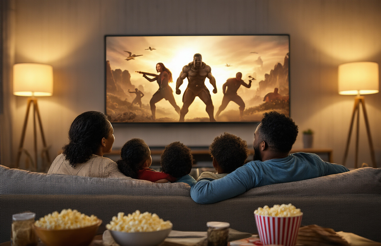 Create a realistic image of a diverse family including white and black parents with children of mixed ages sitting together on a comfortable living room couch, watching a large TV screen that displays an action-adventure movie scene with heroes in dramatic poses, the room has warm ambient lighting from table lamps, movie snacks like popcorn bowls are visible on a coffee table, the family appears engaged and enjoying the film together, the setting conveys a cozy home entertainment atmosphere perfect for family movie night, absolutely NO text should be in the scene.