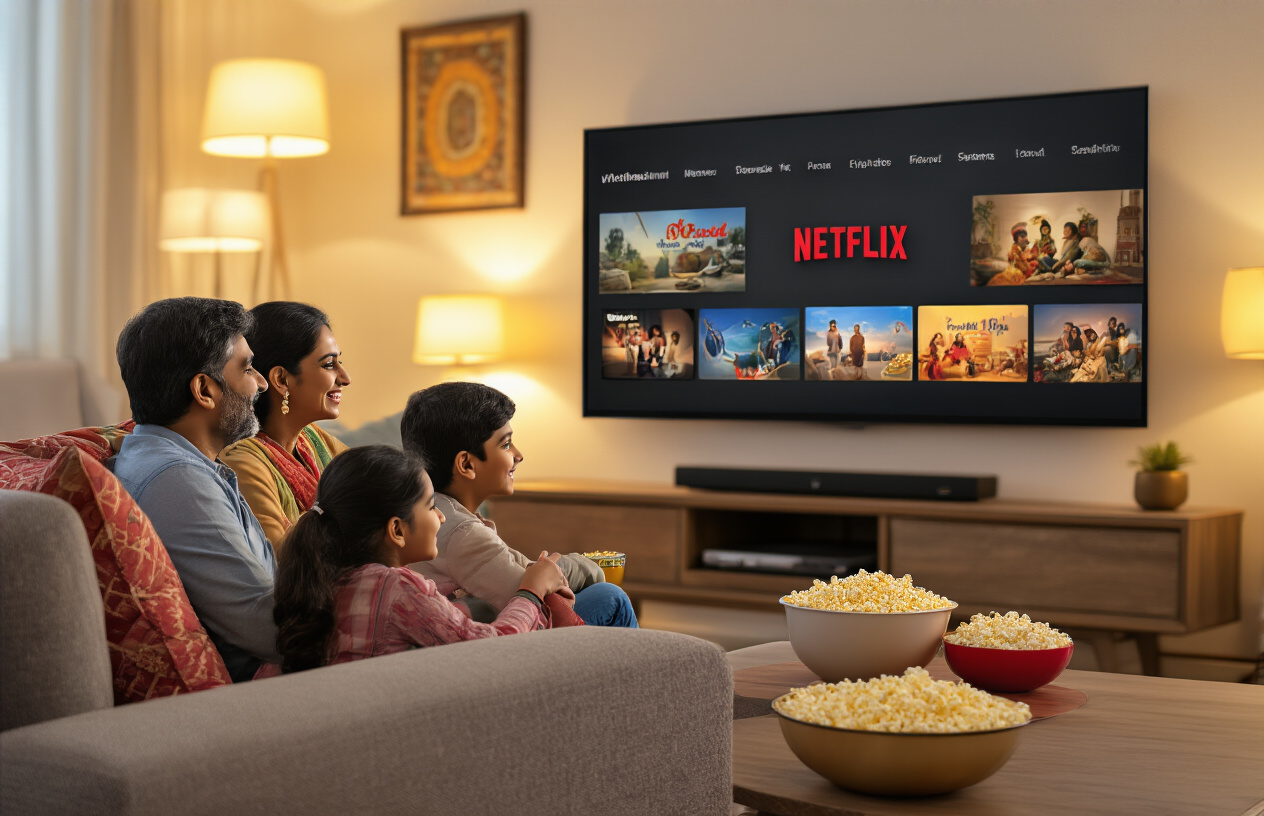 Create a realistic image of a cozy Indian living room scene with a South Asian family of four - a middle-aged male and female with two children sitting together on a comfortable sofa, watching a large wall-mounted television screen displaying the Netflix interface with colorful movie thumbnails, warm ambient lighting from table lamps creating a welcoming atmosphere, traditional Indian decorative elements like cushions and artwork visible in the background, popcorn bowls and refreshments on a coffee table, evening indoor setting with soft golden lighting, family members appearing engaged and happy while browsing movies together, absolutely NO text should be in the scene.