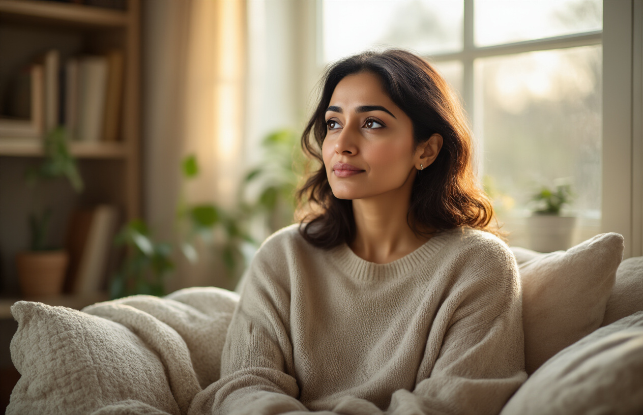 Create a realistic image of a thoughtful South Asian woman in her 30s sitting in a comfortable, softly lit room with warm natural lighting from a window, she appears contemplative while looking out the window, the background shows a cozy indoor setting with neutral tones, bookshelves, and plants, creating a serene and introspective mood that represents personal reflection and life stages, absolutely NO text should be in the scene.
