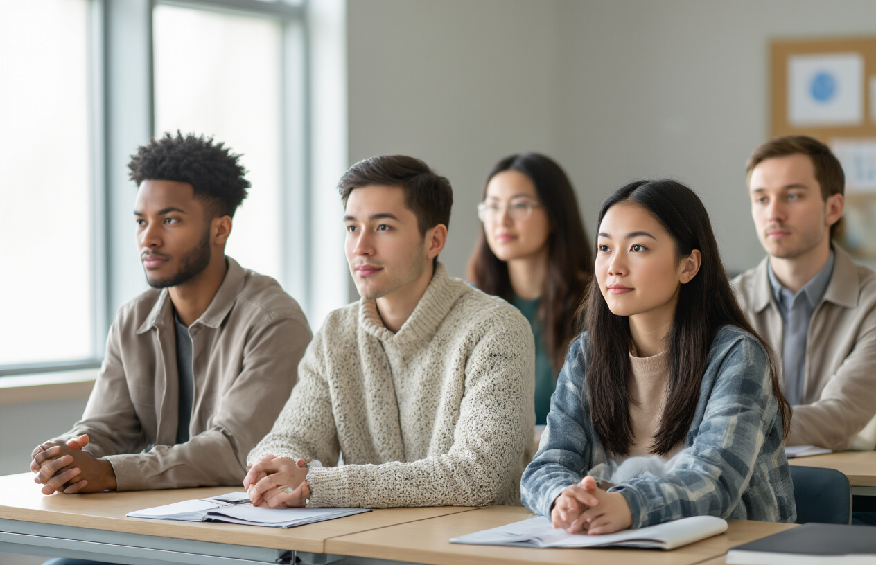 Create a realistic image of a diverse group of young adults of various races (white, black, Asian) sitting in a modern classroom or seminar setting, with both male and female participants listening attentively to an educational presentation about health and wellness, soft natural lighting from windows, professional and respectful atmosphere, focus on learning and awareness, clean minimalist background with educational materials visible, absolutely NO text should be in the scene.