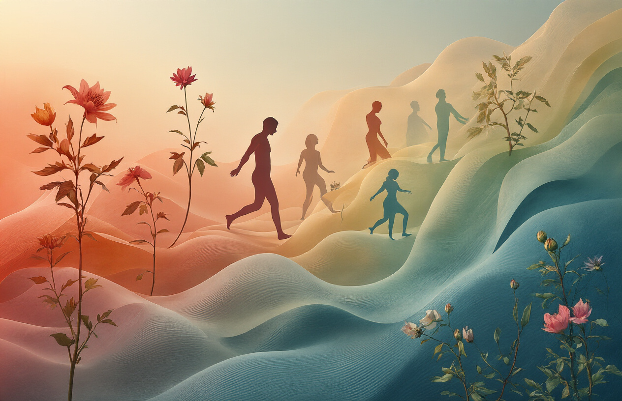 Create a realistic image of a conceptual representation showing the progression of human sexual desire through different life stages, depicted through abstract visual metaphors like flowing curves or gradients transitioning from soft pastels to deeper colors, with subtle symbolic elements like blooming flowers at different stages of growth, warm natural lighting creating a gentle and educational atmosphere, clean minimalist background with soft focus, conveying a scientific and respectful approach to human sexuality research, absolutely NO text should be in the scene.