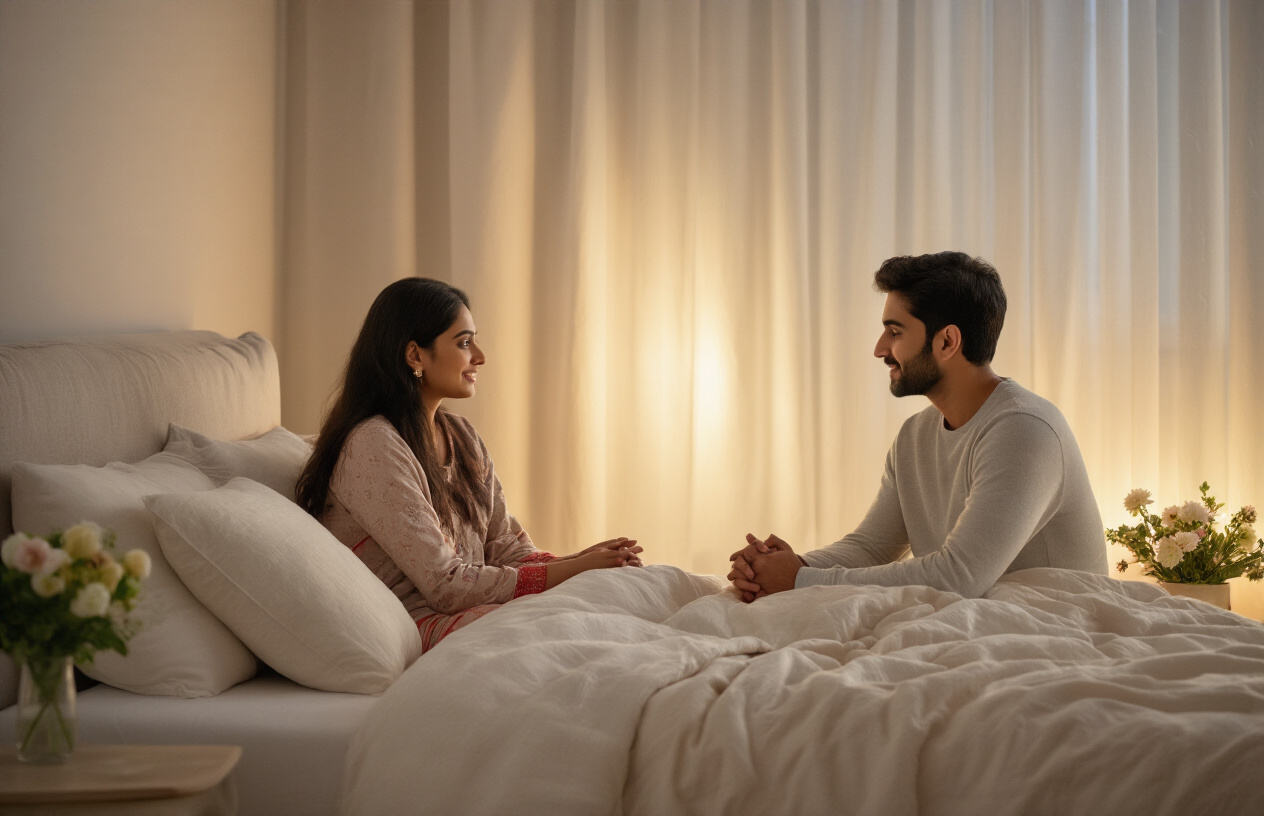 Create a realistic image of a serene bedroom setting with soft, warm lighting featuring two diverse individuals (one South Asian female and one South Asian male) sitting on opposite ends of a comfortable bed having what appears to be a meaningful conversation, with subtle elements like fresh flowers on a nightstand, soft pillows, and gentle natural light filtering through curtains to convey intimacy, trust, and emotional connection in a relationship context, absolutely NO text should be in the scene.
