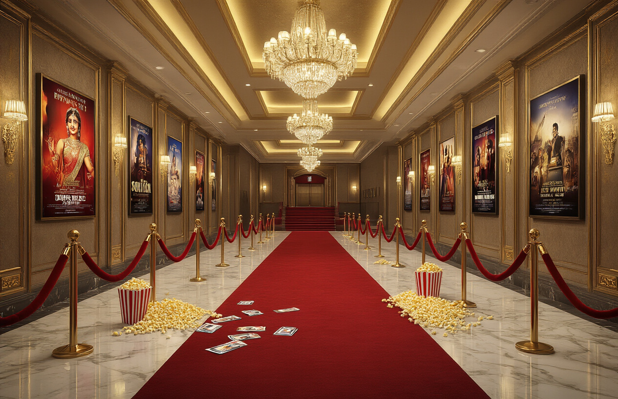 Create a realistic image of a luxurious movie theater lobby with golden lighting, featuring elegant red velvet ropes, shimmering movie posters on the walls showcasing dramatic Bollywood scenes, scattered popcorn containers and cinema tickets on polished marble floors, ornate chandeliers casting warm ambient light, and plush red carpeting leading toward theater entrances, with a festive and anticipatory atmosphere suggesting premium entertainment experiences, absolutely NO text should be in the scene.