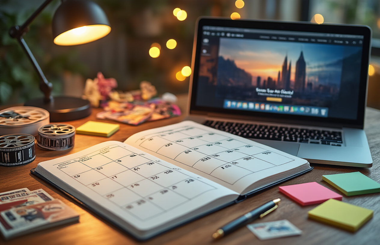 Create a realistic image of a sleek modern desk setup with an open planner or calendar spread across the surface showing months laid out in a grid format, surrounded by colorful sticky notes and a pen, with a laptop computer displaying a movie website in the background, warm ambient lighting from a desk lamp creating a cozy planning atmosphere, and subtle Bollywood-themed decorative elements like small film reels or movie tickets scattered nearby, absolutely NO text should be in the scene.