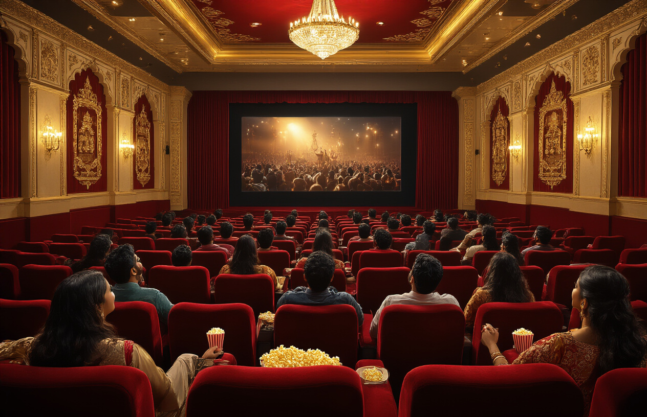 Create a realistic image of a luxurious cinema hall with red velvet seats filled with excited South Asian male and female audience members watching a large movie screen, golden spotlights illuminating the theater, ornate Indian architectural details on the walls, popcorn and beverages scattered on armrests, dramatic lighting creating an atmosphere of anticipation and celebration, with elegant chandeliers hanging from the ceiling and rich burgundy curtains framing the screen, absolutely NO text should be in the scene.
