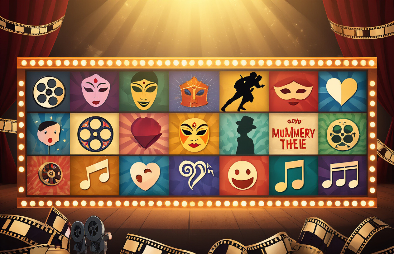 Create a realistic image of a diverse collection of Bollywood movie genre symbols and icons arranged in an organized grid layout, featuring colorful film reels, drama masks, action hero silhouettes, romantic heart symbols, comedy laugh icons, thriller mystery elements, and musical note symbols, set against a modern cinema backdrop with warm golden lighting that evokes the glamour of Indian cinema, with film strips and movie cameras as decorative elements around the border, absolutely NO text should be in the scene.