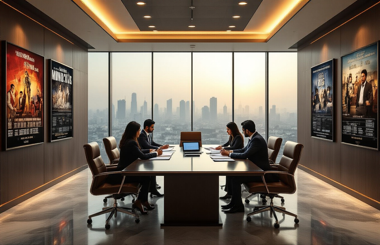 Create a realistic image of a modern corporate boardroom with sleek glass conference table surrounded by leather chairs, multiple movie posters and film reels displayed on walls, professional South Asian male and female executives in business suits reviewing documents and film scripts, large windows showing Mumbai cityscape in background, warm ambient lighting with spotlights highlighting the film industry elements, laptops and tablets on table showing movie production schedules, elegant office environment with polished floors and contemporary decor, absolutely NO text should be in the scene.