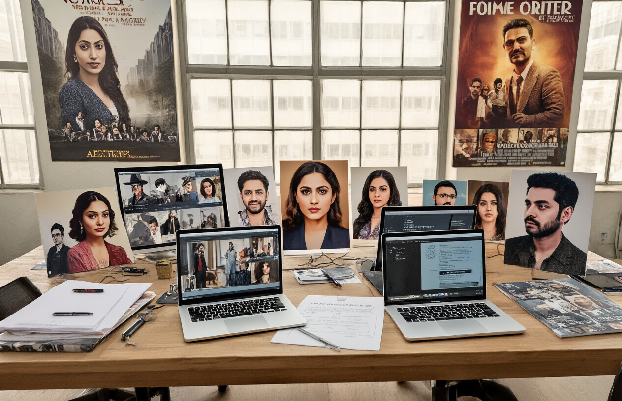 Create a realistic image of a modern film industry workspace showing multiple headshots and portfolio photographs of diverse South Asian male and female actors and actresses scattered across a wooden desk, alongside open laptops displaying casting information, film scripts, and production notes, with a professional office environment in the background featuring movie posters and industry awards, under warm natural lighting from large windows, absolutely NO text should be in the scene.