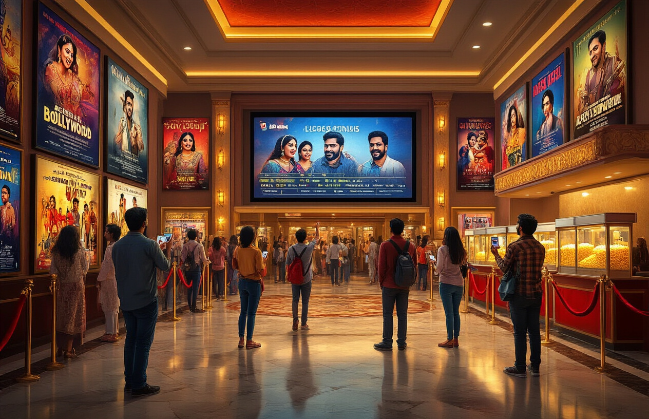 Create a realistic image of a vibrant Indian cinema theater lobby with colorful Bollywood movie posters displayed on walls, a modern digital screen showing movie schedules, excited diverse moviegoers including South Asian, white, and black males and females of various ages holding tickets and discussing films, warm golden lighting creating an inviting atmosphere, red velvet ropes and elegant marble floors, popcorn stands and concession areas visible in the background, people pointing at movie posters with anticipation and joy, creating a celebratory mood of cinema entertainment and film appreciation, absolutely NO text should be in the scene.