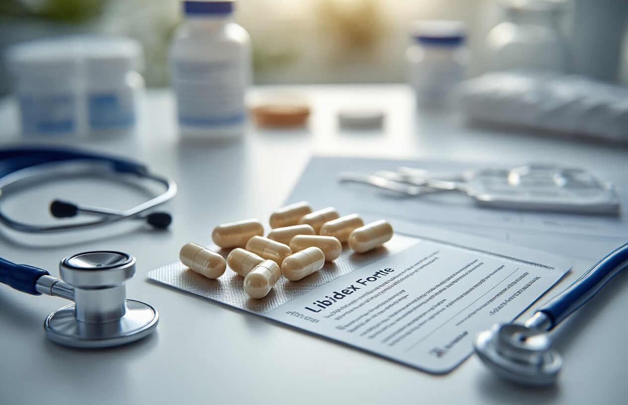 Create a realistic image of a modern medicine information layout showing Libidex Forte capsules arranged on a clean white medical surface, with a detailed product information card or leaflet placed nearby, surrounded by medical elements like a stethoscope and prescription pad, soft natural lighting from above creating gentle shadows, professional healthcare setting background with blurred medical equipment, warm and trustworthy atmosphere suggesting comprehensive medication information, absolutely NO text should be in the scene.
