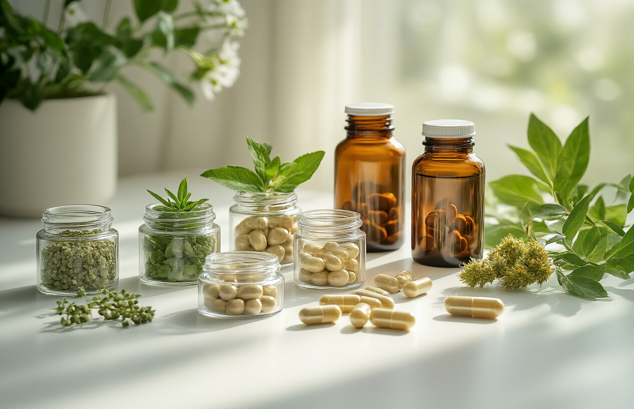 Create a realistic image of a collection of natural health supplements and capsules arranged on a clean white surface, featuring various botanical ingredients like herbs, leaves, and natural extracts in small glass containers, alongside modern supplement bottles and loose capsules, with soft natural lighting from the side creating gentle shadows, conveying a sense of wellness and natural health benefits, absolutely NO text should be in the scene.