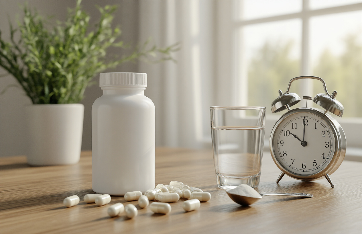 Create a realistic image of a clean white medicine bottle with capsules spilled beside it on a wooden table, alongside a glass of water, a small measuring spoon, and a clock showing timing intervals, with soft natural lighting from a window creating a calm healthcare atmosphere, absolutely NO text should be in the scene.
