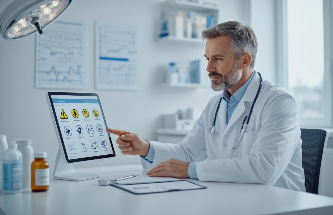 Create a realistic image of a clean, modern medical consultation room with a white male doctor in his 40s wearing a white coat sitting at a desk, pointing to warning symbols and safety icons displayed on a tablet screen, with medical safety charts on the wall behind him, bright clinical lighting, professional healthcare atmosphere, medicine bottles and prescription pad on the desk, conveying caution and medical guidance, absolutely NO text should be in the scene.