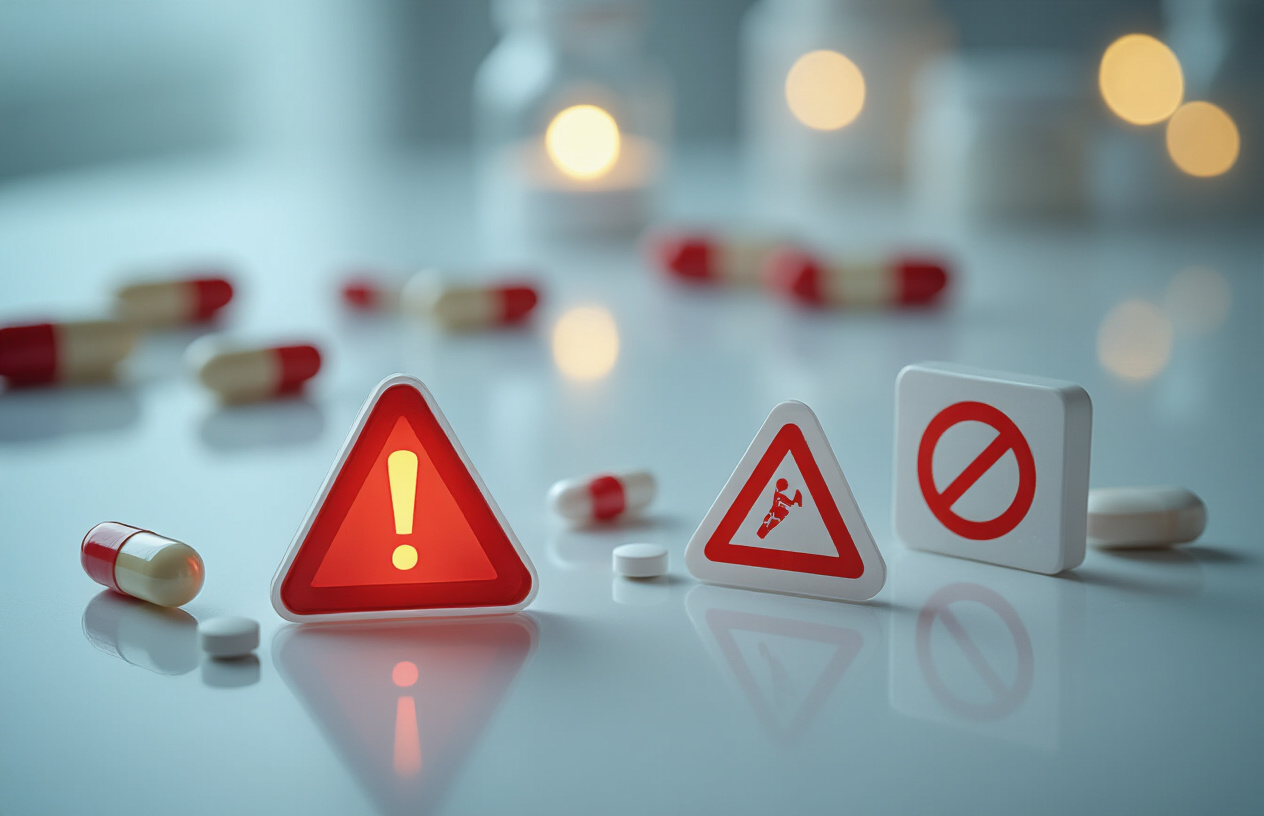 Create a realistic image of medical warning symbols and caution icons arranged on a clean white medical background, featuring red warning triangles, exclamation marks, and prohibition signs, alongside blurred medicine capsules and pills in the background, with soft clinical lighting creating a serious but informative mood about pharmaceutical side effects and limitations, absolutely NO text should be in the scene.