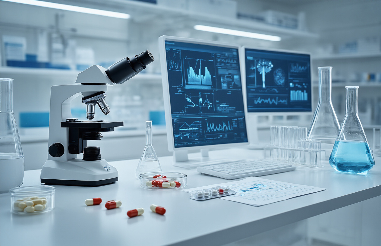 Create a realistic image of a modern medical research laboratory with scientific equipment including microscopes, test tubes, petri dishes, and medical charts on a clean white desk, with medical capsules and pills scattered nearby, bright clinical lighting, sterile white and blue color scheme, glass beakers with clear liquids, digital displays showing data graphs, professional medical atmosphere conveying scientific credibility and research validation, absolutely NO text should be in the scene.