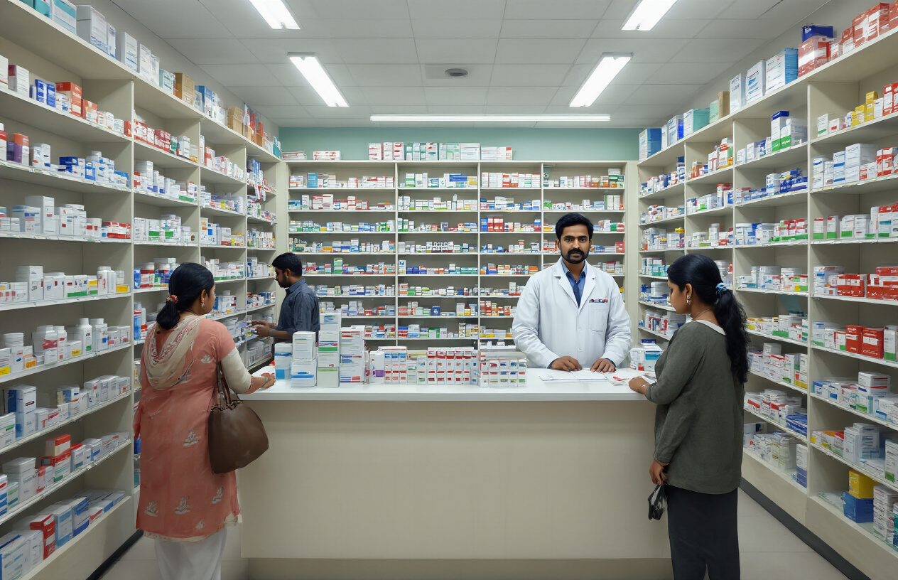 Create a realistic image of an Indian pharmacy store interior with medicine shelves displaying various pharmaceutical products and capsule bottles, a South Asian male pharmacist in white coat standing behind the counter, customers browsing medicine sections, bright fluorescent lighting, clean organized medical retail environment with price tags visible on products, warm professional atmosphere conveying healthcare accessibility and commerce, absolutely NO text should be in the scene.