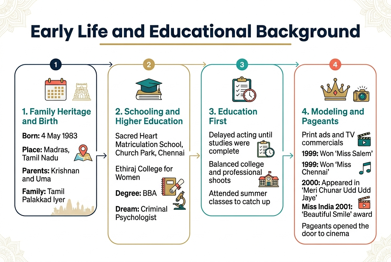 Full-bleed professional infographic illustration in 3:2 aspect ratio, clean modern flat design, South Indian cultural accents, balanced wide horizontal layout with no poster frame and no narrow centered stack.

Top header across full width: bold large title text "Early Life and Educational Background" in dark navy sans-serif font, with a subtle gold accent line underneath.

Main content arranged as a 4-part horizontal timeline with connected arrows or line, using four large rounded rectangular blocks spread left to right across the lower 2/3 of the canvas. Use a white background with teal, gold, coral, and navy accent colors. Include small elegant icons in each block.

Block 1 on the left: a birth and heritage section with an icon of a calendar and temple-style motif.
Text in the block:
"1. Family Heritage and Birth"
"Born: 4 May 1983"
"Place: Madras, Tamil Nadu"
"Parents: Krishnan and Uma"
"Family: Tamil Palakkad Iyer"
Add a small map pin icon near "Madras, Tamil Nadu" and a subtle Chennai skyline silhouette.

Block 2 left-center: an education section with an icon of a graduation cap and book.
Text in the block:
"2. Schooling and Higher Education"
"Sacred Heart Matriculation School, Church Park, Chennai"
"Ethiraj College for Women"
"Degree: BBA"
"Dream: Criminal Psychologist"
Add a notebook, diploma, and microscope icon cluster beside the text.

Block 3 right-center: an ambition and early career discipline section with an icon of a clipboard and clock.
Text in the block:
"3. Education First"
"Delayed acting until studies were complete"
"Balanced college and professional shoots"
"Attended summer classes to catch up"
Add a small clock, checklist, and college campus icon.

Block 4 on the right: a modeling and pageant breakthrough section with a crown and camera icon.
Text in the block:
"4. Modeling and Pageants"
"Print ads and TV commercials"
"1999: Won 'Miss Salem'"
"1999: Won 'Miss Chennai'"
"2000: Appeared in 'Meri Chunar Udd Udd Jaye'"
"Miss India 2001: 'Beautiful Smile' award"
"Pageants opened the door to cinema"
Add a crown icon, film reel, and music note icon.

Use a thin timeline line or arrow connectors linking all four blocks from left to right. Add small numbered circles 1, 2, 3, 4 above each block. Keep typography crisp, readable, and aligned. Use dark navy for main text, teal for headings inside blocks, and gold for highlights and icons. Subtle decorative South Indian pattern elements in corners only, not distracting.