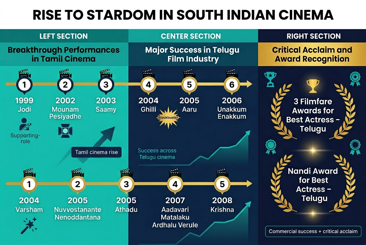 Create a full-bleed professional infographic in a 3:2 aspect ratio with a modern South Indian cinema theme, vibrant teal, gold, deep navy, and white color palette, clean sans-serif typography, and subtle film-strip accents. Add a bold top heading centered across the width: "Rise to Stardom in South Indian Cinema". 

Use a wide horizontal three-section layout with clear visual hierarchy:

LEFT SECTION: "Breakthrough Performances in Tamil Cinema"
- Place a horizontal timeline with 6 numbered circular markers and small film icons.
- Marker 1: "1999" with text "Jodi" and a small supporting-role icon.
- Marker 2: "2002" with text "Mounam Pesiyadhe" and a spotlight icon.
- Marker 3: "2003" with text "Saamy".
- Marker 4: "2004" with text "Ghilli" and a blockbuster starburst icon.
- Marker 5: "2005" with text "Aaru".
- Marker 6: "2006" with text "Unakkum Enakkum".
- Add a small upward arrow graphic and a label: "Tamil cinema rise".

CENTER SECTION: "Major Success in Telugu Film Industry"
- Place a second horizontal timeline beneath or beside the first, with 5 numbered markers and Telugu cinema motifs.
- Marker 1: "2004" with text "Varsham" and a debut sparkle icon.
- Marker 2: "2005" with text "Nuvvostanante Nenoddantana".
- Marker 3: "2005" with text "Athadu".
- Marker 4: "2007" with text "Aadavari Matalaku Ardhalu Verule".
- Marker 5: "2008" with text "Krishna".
- Add a label: "Success across Telugu cinema" with a sleek rising line graph behind the text.

RIGHT SECTION: "Critical Acclaim and Award Recognition"
- Use two large award badges stacked vertically with gold laurel wreaths.
- Badge 1 text: "3 Filmfare Awards for Best Actress – Telugu"
- Badge 2 text: "Nandi Award for Best Actress – Telugu"
- Add a small trophy icon, ribbon icons, and a subtle glow around the awards.
- Include a short footer line in a smaller text box: "Commercial success + critical acclaim"

Use strong section headers in bold, with each section in a distinct colored panel, aligned in a clean grid. Keep spacing balanced, use crisp iconography, and make the overall layout wide and visually rich with no centered vertical poster style.