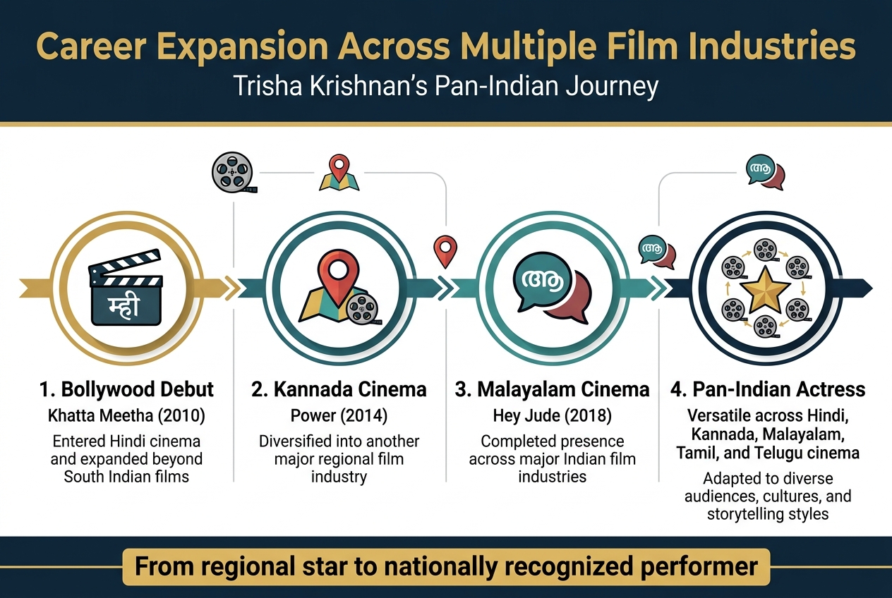 Create a clean, professional infographic illustration in a 3:2 aspect ratio, full-bleed layout with no frame, using a wide horizontal composition and clear multi-section organization. Use a modern sans-serif font, bold headline, and a color palette of deep navy, gold, teal, and white with subtle accent reds. 

Top header across the full width:
Bold title text: "Career Expansion Across Multiple Film Industries"
Subtitle in smaller text: "Trisha Krishnan’s Pan-Indian Journey"

Main layout: a horizontal timeline across the center with 4 connected milestone blocks, each with a circular icon and short text. Use elegant arrows or connecting lines between sections.

Section 1 on the left:
Icon: a film clapperboard with a Hindi script symbol.
Heading text: "1. Bollywood Debut"
Body text: "Khatta Meetha (2010)"
Smaller text: "Entered Hindi cinema and expanded beyond South Indian films"

Section 2 left-center:
Icon: a map pin over a Kannada film reel.
Heading text: "2. Kannada Cinema"
Body text: "Power (2014)"
Smaller text: "Diversified into another major regional film industry"

Section 3 right-center:
Icon: a Malayalam language speech bubble or film reel.
Heading text: "3. Malayalam Cinema"
Body text: "Hey Jude (2018)"
Smaller text: "Completed presence across major Indian film industries"

Section 4 on the right:
Icon: a star surrounded by multiple small film reels.
Heading text: "4. Pan-Indian Actress"
Body text: "Versatile across Hindi, Kannada, Malayalam, Tamil, and Telugu cinema"
Smaller text: "Adapted to diverse audiences, cultures, and storytelling styles"

Add a bottom summary band spanning the width of the infographic with a highlighted statement in a gold box:
Text: "From regional star to nationally recognized performer"

Include small visual markers of India’s film industries along the timeline, such as mini film reels, location pins, and language symbols. Use clean spacing, strong hierarchy, and balanced alignment. Keep all text crisp and readable, with the heading largest, milestone headings medium, and supporting text smaller.