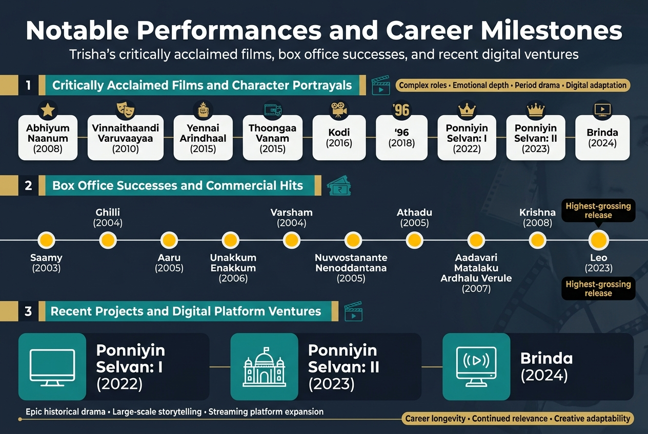 Create a clean, professional full-bleed infographic in 3:2 aspect ratio with a modern editorial style, dark navy and teal color palette with gold accents, crisp white text, and subtle film-themed background texture. Use wide horizontal sections, not a narrow vertical poster.

Top header across the full width:
Large bold title: "Notable Performances and Career Milestones"
Smaller subtitle: "Trisha’s critically acclaimed films, box office successes, and recent digital ventures"

Main layout: three wide horizontal content bands stacked from top to bottom, each with a colored section header, small film icons, and a left-to-right timeline of milestone cards.

SECTION 1 — left/top band:
Header text: "Critically Acclaimed Films and Character Portrayals"
Use a row of 7 small rounded cards with icons like a star, drama mask, crown, and streaming screen.
Each card must contain:
"Abhiyum Naanum (2008)"
"Vinnaithaandi Varuvaayaa (2010)"
"Yennai Arindhaal (2015)"
"Thoongaa Vanam (2015)"
"Kodi (2016)"
"'96 (2018)"
"Ponniyin Selvan: I (2022)"
"Ponniyin Selvan: II (2023)"
"Brinda (2024)"
Add a short highlighted label near the section: "Complex roles • Emotional depth • Period drama • Digital adaptation"

SECTION 2 — middle band:
Header text: "Box Office Successes and Commercial Hits"
Use a horizontal timeline with bright gold circles connected by a thin line, each circle paired with a movie title and year. Include a small ticket or rupee box-office icon above the timeline.
Cards must contain:
"Saamy (2003)"
"Ghilli (2004)"
"Aaru (2005)"
"Unakkum Enakkum (2006)"
"Varsham (2004)"
"Nuvvostanante Nenoddantana (2005)"
"Athadu (2005)"
"Aadavari Matalaku Ardhalu Verule (2007)"
"Krishna (2008)"
"Leo (2023)"
Add a bold callout badge near "Leo (2023)": "Highest-grossing release"

SECTION 3 — bottom band:
Header text: "Recent Projects and Digital Platform Ventures"
Use three large feature blocks with modern screen, palace, and streaming icons.
Block text:
"Ponniyin Selvan: I (2022)"
"Ponniyin Selvan: II (2023)"
"Brinda (2024)"
Include a small supporting line under the blocks:
"Epic historical drama • Large-scale storytelling • Streaming platform expansion"
Add a final small concluding badge at the far right:
"Career longevity • Continued relevance • Creative adaptability"

Visual style details:
- Use bold sans-serif font for headings, clean sans-serif font for body text
- Use strong hierarchy with section headers in teal/gold bars
- Use film reel, star, ticket, crown, and streaming icons
- Keep spacing even and balanced
- Use subtle connecting lines and milestone markers
- Make the infographic feel polished, cinematic, and contemporary