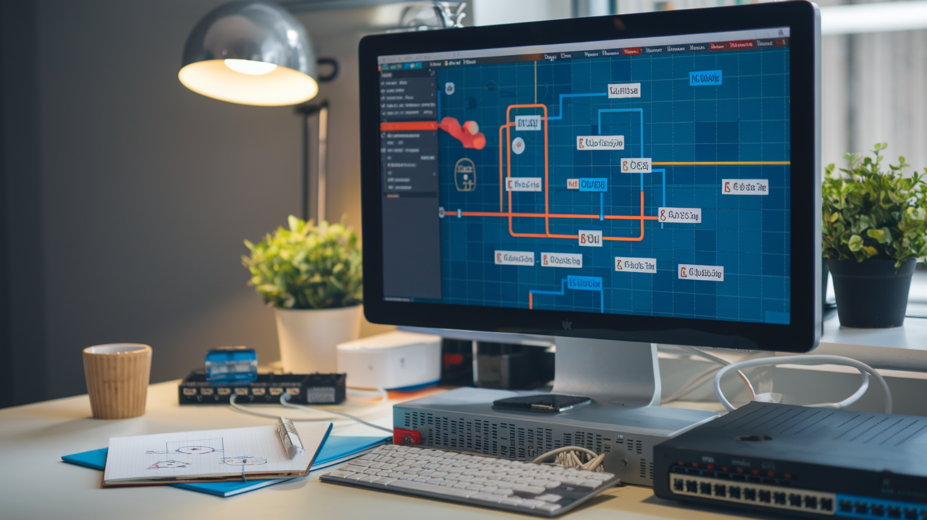 Create a realistic image of a computer screen displaying the Cisco Packet Tracer interface, showing a network topology diagram with routers, switches, and end devices connected by virtual cables. The screen should be placed on a desk with networking equipment like a router and switch visible nearby. A notepad with network diagrams and a coffee mug should be on the desk, creating a studious atmosphere. The scene should be well-lit, emphasizing the technical nature of the software and its role in network simulation and learning.