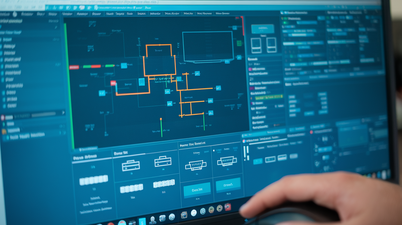 Create a realistic image of a computer screen displaying the Cisco Packet Tracer interface, showing network topology diagrams, device configuration windows, and simulation tools. The screen should be well-lit, with icons representing routers, switches, and end devices visible. Include a hand holding a computer mouse in the foreground, suggesting active use of the software.