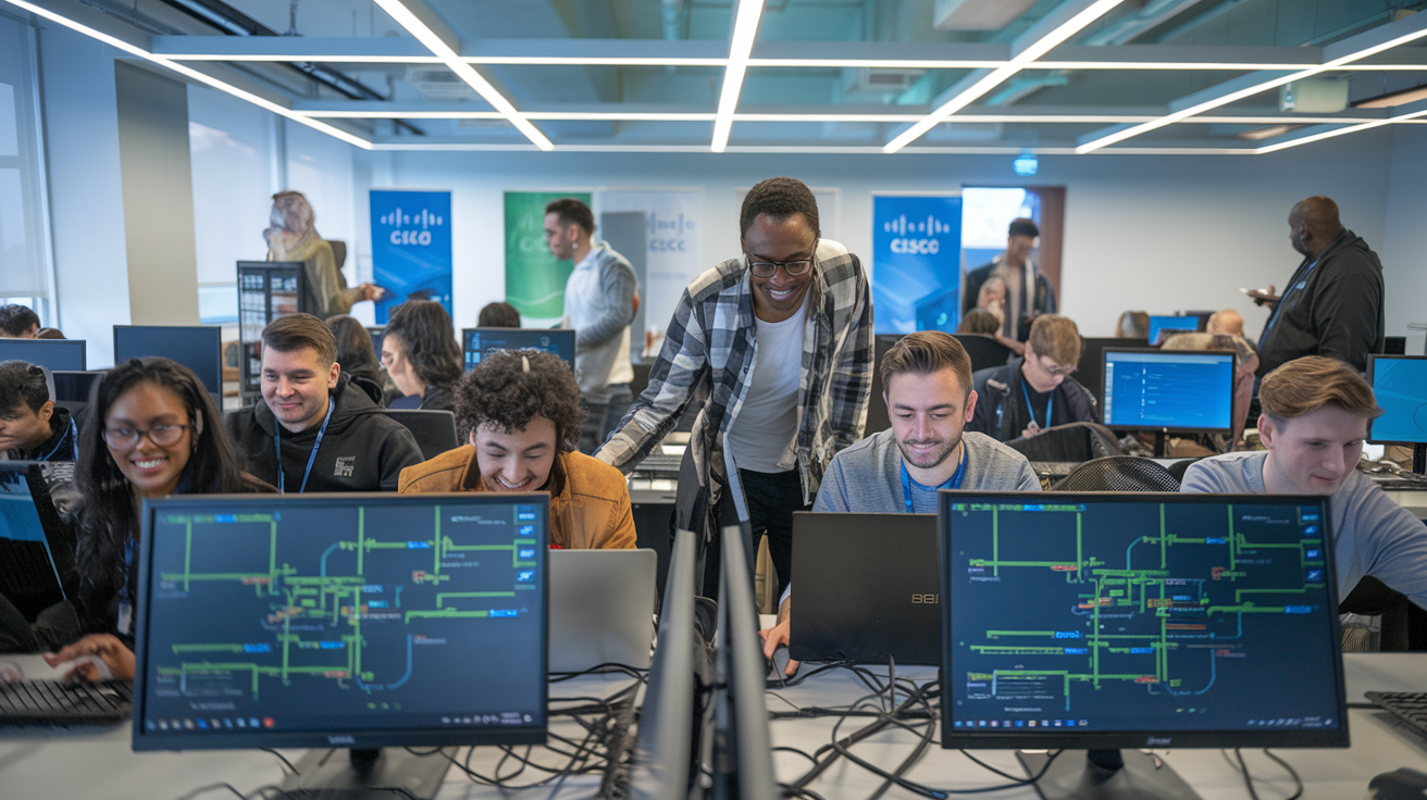Create a realistic image of a diverse group of IT students using Cisco Packet Tracer software on laptop screens in a modern computer lab, with network diagrams and simulated network topologies visible on the monitors, demonstrating practical applications of the tool in a professional learning environment.