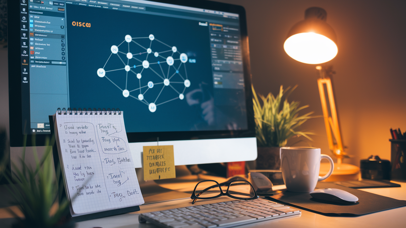 Create a realistic image of a computer screen displaying Cisco Packet Tracer software interface, with a network topology diagram visible, alongside a notepad with handwritten tips and best practices, a coffee mug, and a pair of glasses on a desk, all illuminated by warm desk lamp light, creating a studious atmosphere.