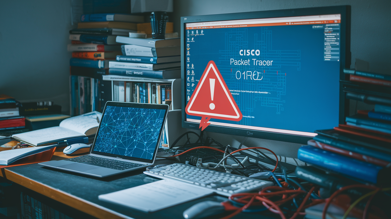 Create a realistic image of a computer screen displaying Cisco Packet Tracer software interface with a warning sign or error message overlay, positioned next to an open laptop showing alternative network simulation software, all on a desk with scattered networking books and cables, dimly lit to emphasize limitations and alternatives.