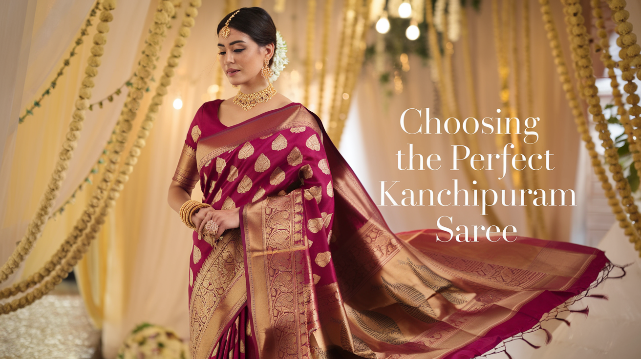 Create a realistic image of a South Asian female bride in her mid-20s elegantly draped in a rich crimson and gold Kanchipuram silk saree with intricate traditional temple border and peacock motifs, standing in a softly lit wedding venue with golden decorations, her saree pallu flowing gracefully, adorned with traditional gold jewelry including jhumkas and bangles, with the text "Choosing the Perfect Kanchipuram Saree" subtly overlaid in an elegant font.