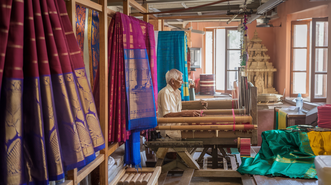 Create a realistic image of traditional Kanchipuram silk sarees displayed in a heritage weaving workshop in South India, with intricate gold-threaded patterns visible, showing the hands of an elderly Indian male artisan working on a wooden handloom, surrounded by vibrant silk threads, temple motifs, and finished sarees in rich colors like maroon, royal blue, and emerald green, with soft natural lighting streaming through windows highlighting the luxurious texture of the silk.