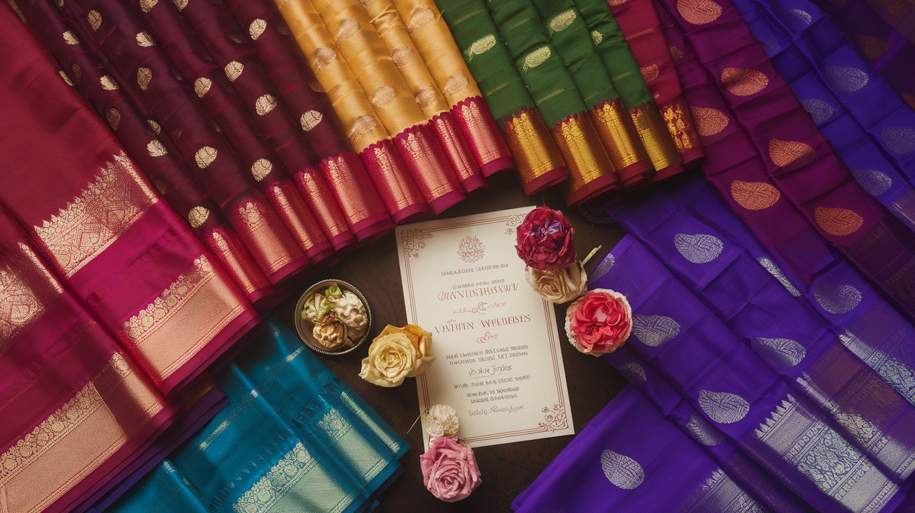 Create a realistic image of various elegant Kanchipuram silk sarees arranged by color on display, showcasing traditional gold-bordered sarees in auspicious wedding colors like red, maroon, gold, green, and purple, with a wedding invitation card nearby, soft studio lighting highlighting the rich textures and intricate zari work of the sarees.