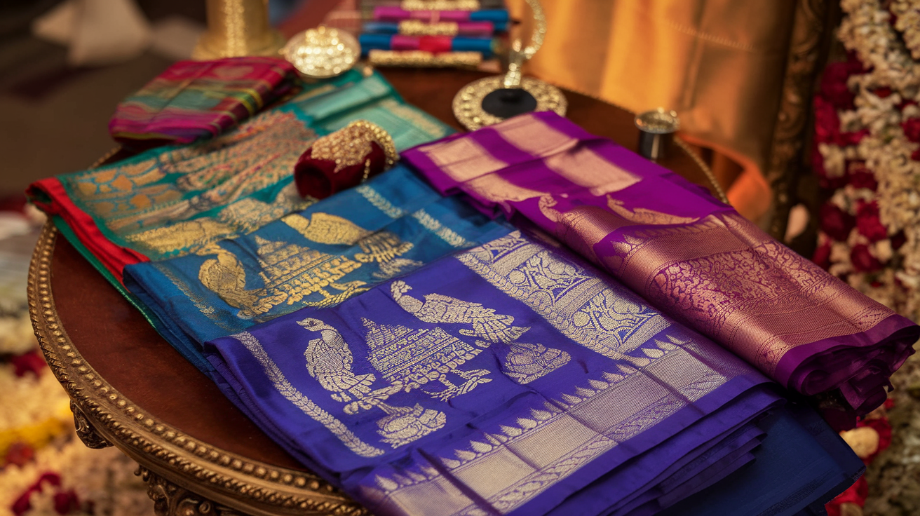 Create a realistic image of traditional Kanchipuram silk sarees displayed with various intricate patterns and motifs including peacocks, temple designs, and floral borders, with close-up details of gold zari work, laid out on a luxurious wooden table with a soft focus on wedding accessories in the background, warm ambient lighting highlighting the rich colors and textures of the silk fabrics.