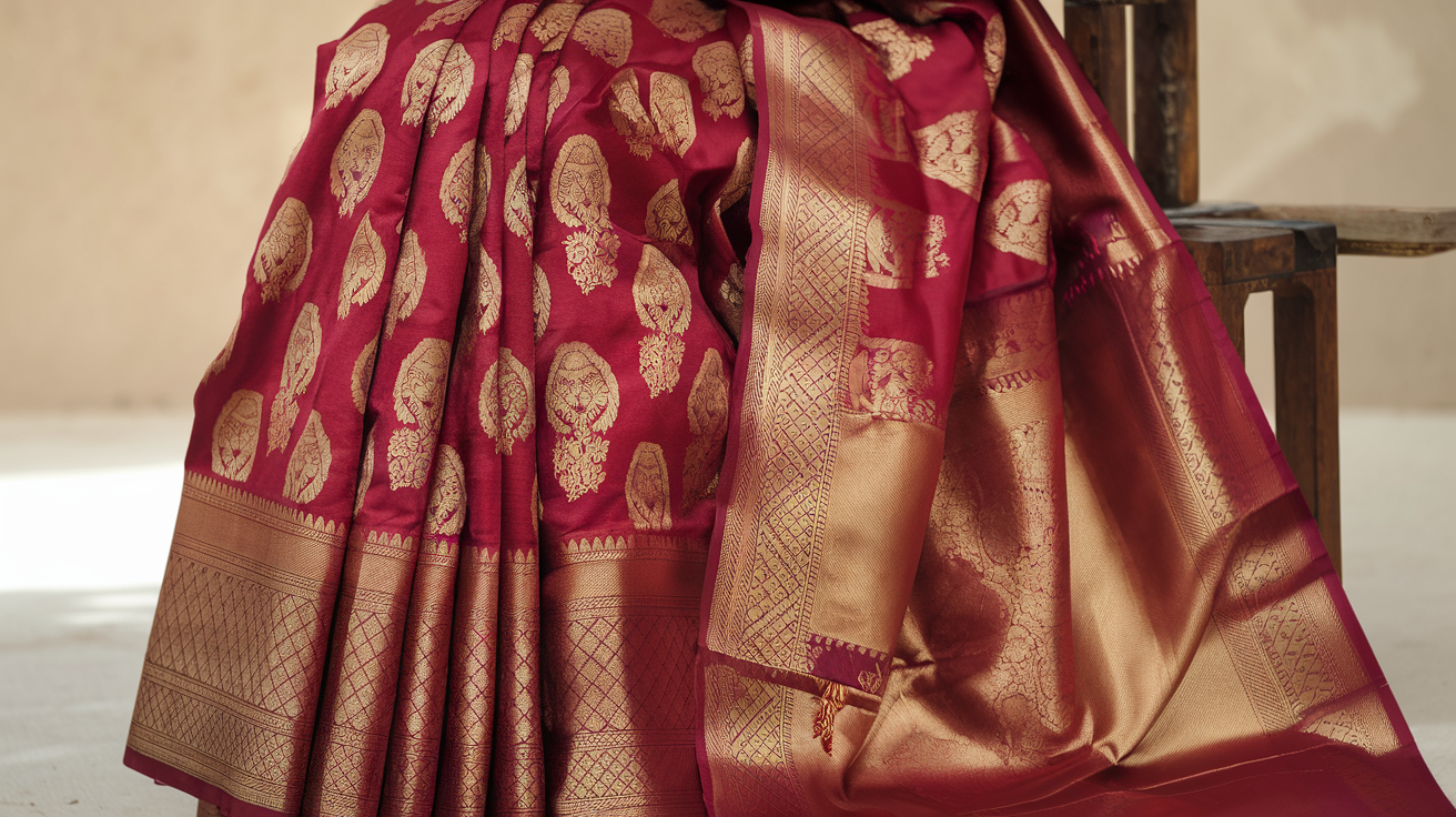 Create a realistic image of a close-up shot of a rich golden-red Kanchipuram silk saree with intricate zari work, showing the detailed weaving technique where gold threads create traditional motifs, displayed draped on a wooden display stand with soft natural lighting highlighting the fabric's luxurious texture and sheen, suitable for a wedding occasion.