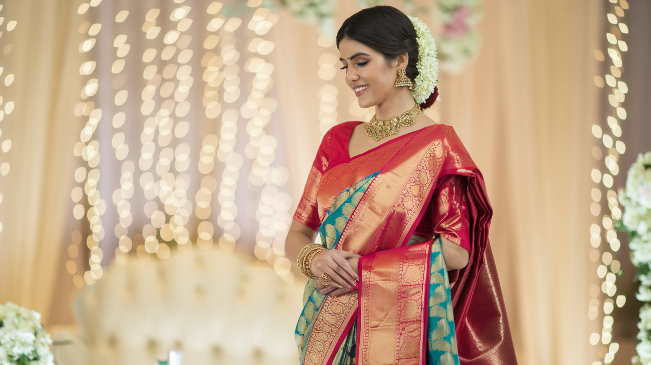 Create a realistic image of an elegant Indian woman wearing a vibrant red and gold Kanchipuram silk saree with intricate border patterns, styled with traditional gold jewelry including jhumkas, necklace and bangles, her hair adorned with jasmine flowers, standing in a well-lit wedding venue with soft bokeh background, showcasing proper saree draping with neat pleats and pallu draped gracefully over shoulder.