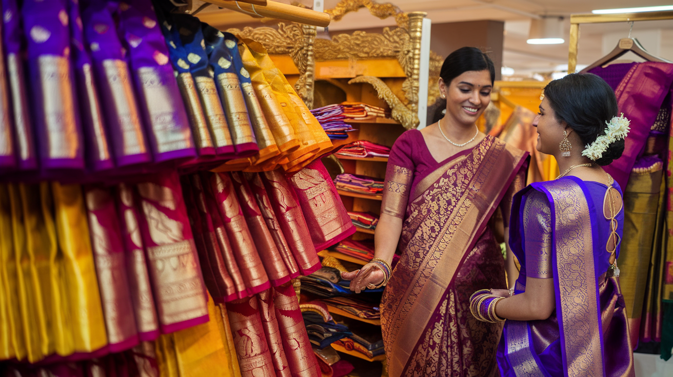 Create a realistic image of an elegant South Indian bridal shopping experience with a showroom display of vibrant, gold-bordered authentic Kanchipuram silk sarees hanging from ornate racks, with a female Indian salesperson showing a rich maroon and gold saree to a prospective bride, with other traditional sarees in various colors visible in the background, warm lighting highlighting the intricate zari work and silk texture.