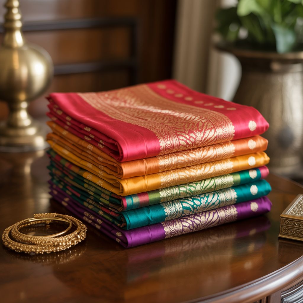 Create a realistic image of a neatly folded stack of vibrant handloom silk sarees with intricate traditional designs, displayed on a polished wooden surface with a few golden accessories like bangles or a small jewelry box nearby, soft warm lighting highlighting the rich textures and colors of the sarees, creating an elegant and sophisticated atmosphere.