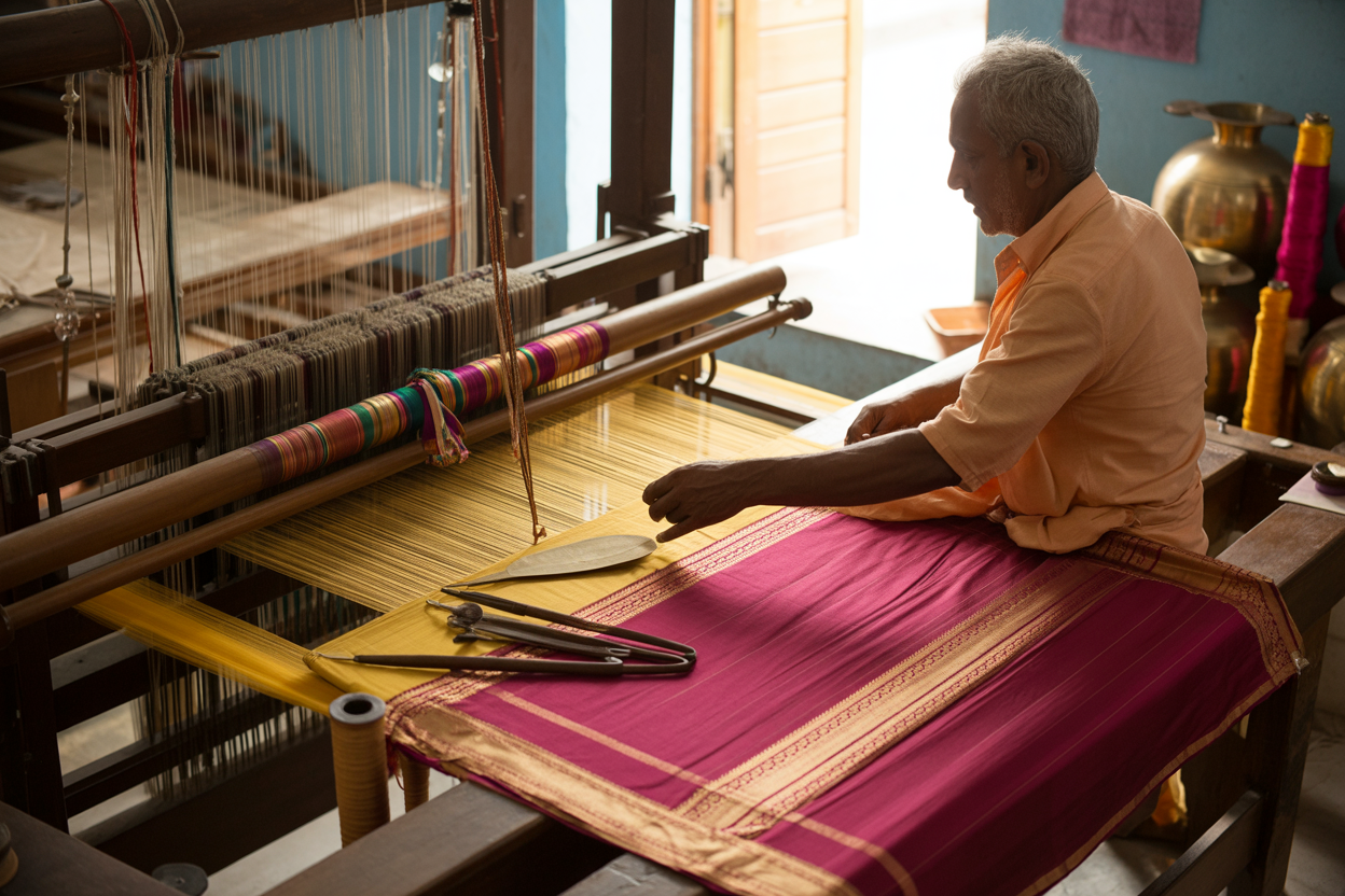 Create a realistic image of traditional Indian handloom weaving showcasing Gadwal silk saree craftsmanship, featuring an elderly South Asian male artisan working on a wooden handloom with intricate golden zari threads and vibrant silk yarns in rich burgundy and gold colors, traditional weaving tools like shuttles and bobbins scattered nearby, partially woven silk fabric with detailed border patterns visible on the loom, warm natural lighting streaming through a window illuminating the textile workshop, clay pots and brass containers holding colorful threads in the background, creating an authentic heritage craftsmanship atmosphere, absolutely NO text should be in the scene.
