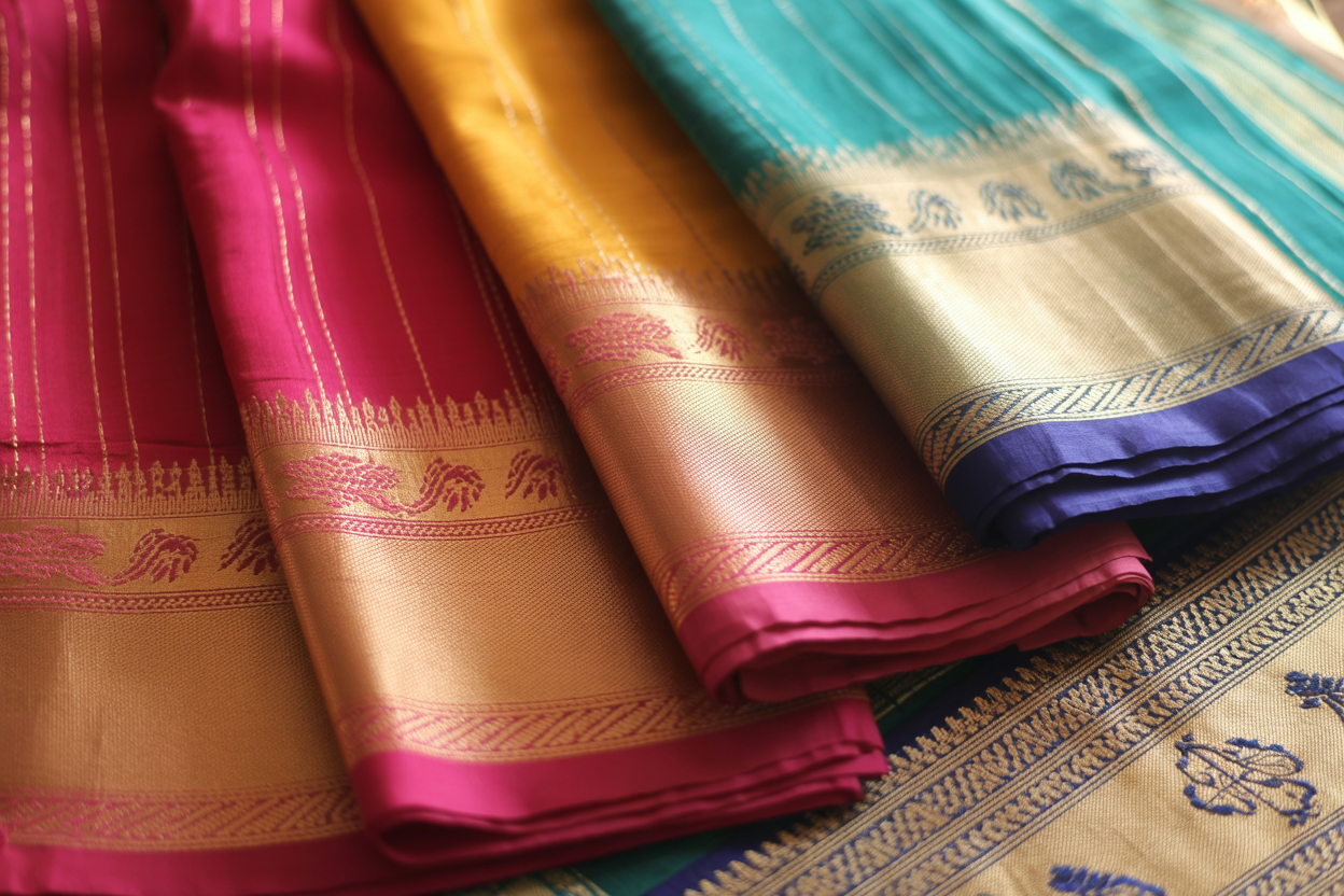 Create a realistic image of an elegant close-up display showcasing the distinctive weaving features of pure Gadwal silk sarees, featuring intricate border patterns with contrasting colors, fine silk texture details, traditional motifs, and the characteristic korvai technique where different colored threads meet, arranged on a luxurious fabric surface with soft natural lighting highlighting the silk's lustrous quality and craftsmanship details, absolutely NO text should be in the scene.