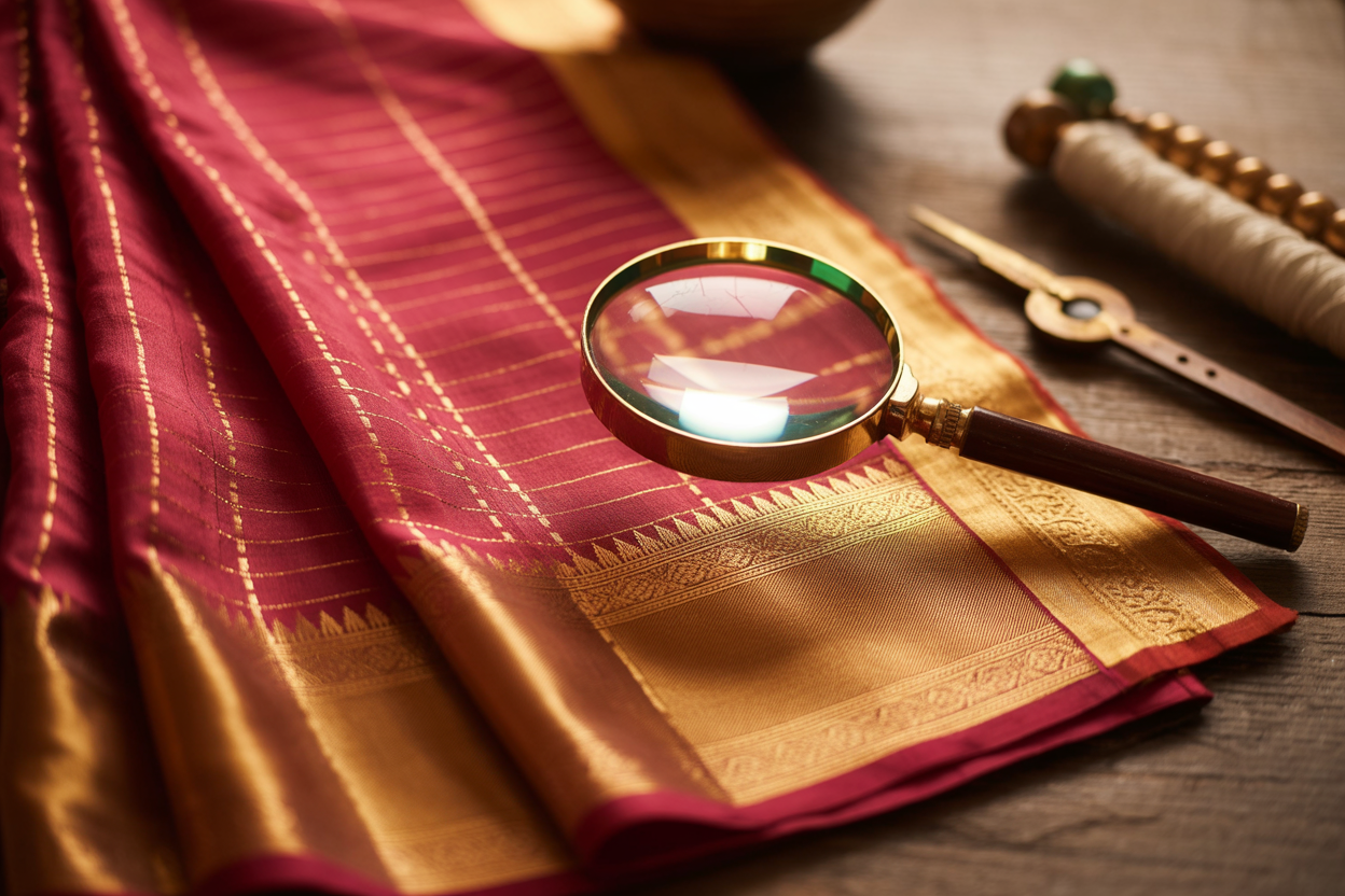 Create a realistic image of a close-up view of pure Gadwal silk saree fabric showing intricate weaving patterns and texture details, with a magnifying glass positioned over the fabric to examine the quality of silk threads, golden zari work visible in the weaving, rich traditional colors like deep red and gold, soft natural lighting highlighting the lustrous silk texture, wooden surface underneath, traditional Indian textile authentication tools like a thread counter nearby, warm ambient lighting creating a professional evaluation atmosphere, absolutely NO text should be in the scene.