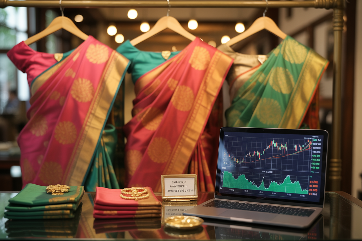 Create a realistic image of luxurious pure Gadwal silk sarees displayed on elegant wooden hangers in an upscale boutique setting, with price tags visible, alongside financial charts and graphs on a tablet or laptop screen showing market trends and investment growth, warm ambient lighting highlighting the rich textures and intricate patterns of the silk sarees, creating a sophisticated atmosphere that conveys both traditional craftsmanship and modern investment potential, absolutely NO text should be in the scene.