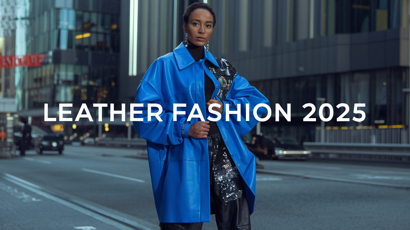 Create a realistic image of a stylish black woman wearing a vibrant blue oversized leather jacket paired with sustainable vegan leather pants, standing confidently on a city street. She's accessorizing with eco-friendly leather accessories and layering her outfit with sequin details. The background shows futuristic buildings, hinting at 2025. Text overlay: "Leather Fashion 2025".