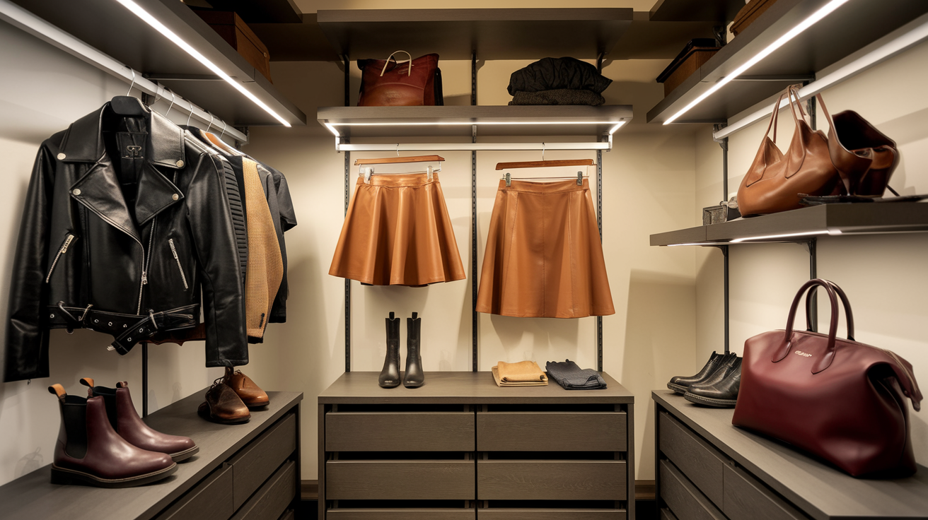 Create a realistic image of a sleek walk-in closet with various leather fashion pieces displayed prominently, including a black leather jacket, brown leather boots, a tan leather skirt, and a burgundy leather handbag, all arranged on stylish wooden hangers and shelves, with soft, warm lighting highlighting the textures and colors of the leather items.