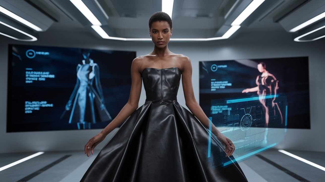Create a realistic image of a futuristic fashion studio with sleek, minimalist decor, where a black female model wearing an avant-garde leather dress is being styled using holographic tools and innovative leather-shaping techniques, while digital screens in the background display cutting-edge leather fashion designs for 2025.