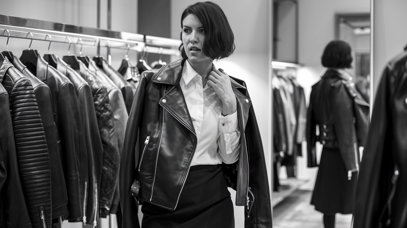 Create a realistic image of a stylish white female model in her 30s trying on a sleek black leather jacket in a high-end boutique, surrounded by various leather jackets on display, with soft lighting highlighting the jacket's texture and fit, and a full-length mirror reflecting her confident pose.
