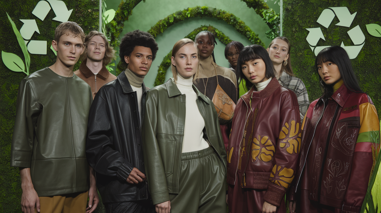 Create a realistic image of a diverse group of fashion models wearing sustainable leather garments, including a white female in a recycled leather jacket, a black male in vegan leather pants, and an Asian female in upcycled leather accessories, standing in front of a green, eco-friendly backdrop with recycling symbols and plant motifs, under soft, natural lighting to emphasize the sustainable theme.