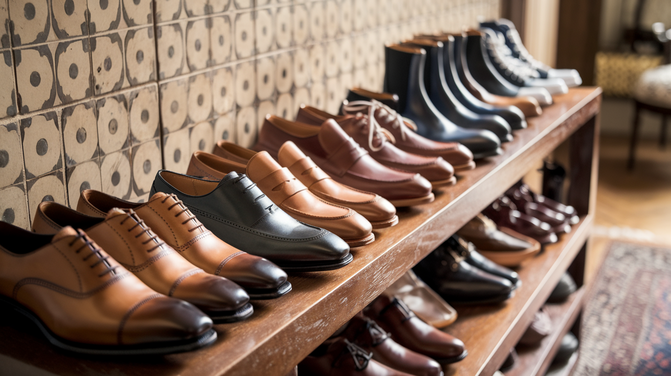 Create a realistic image of a diverse collection of high-quality leather shoes arranged elegantly on a wooden shelf, including oxfords, loafers, boots, and sneakers in various colors and styles, with warm lighting highlighting the rich textures and craftsmanship of the leather, symbolizing the essential nature of these footwear options.