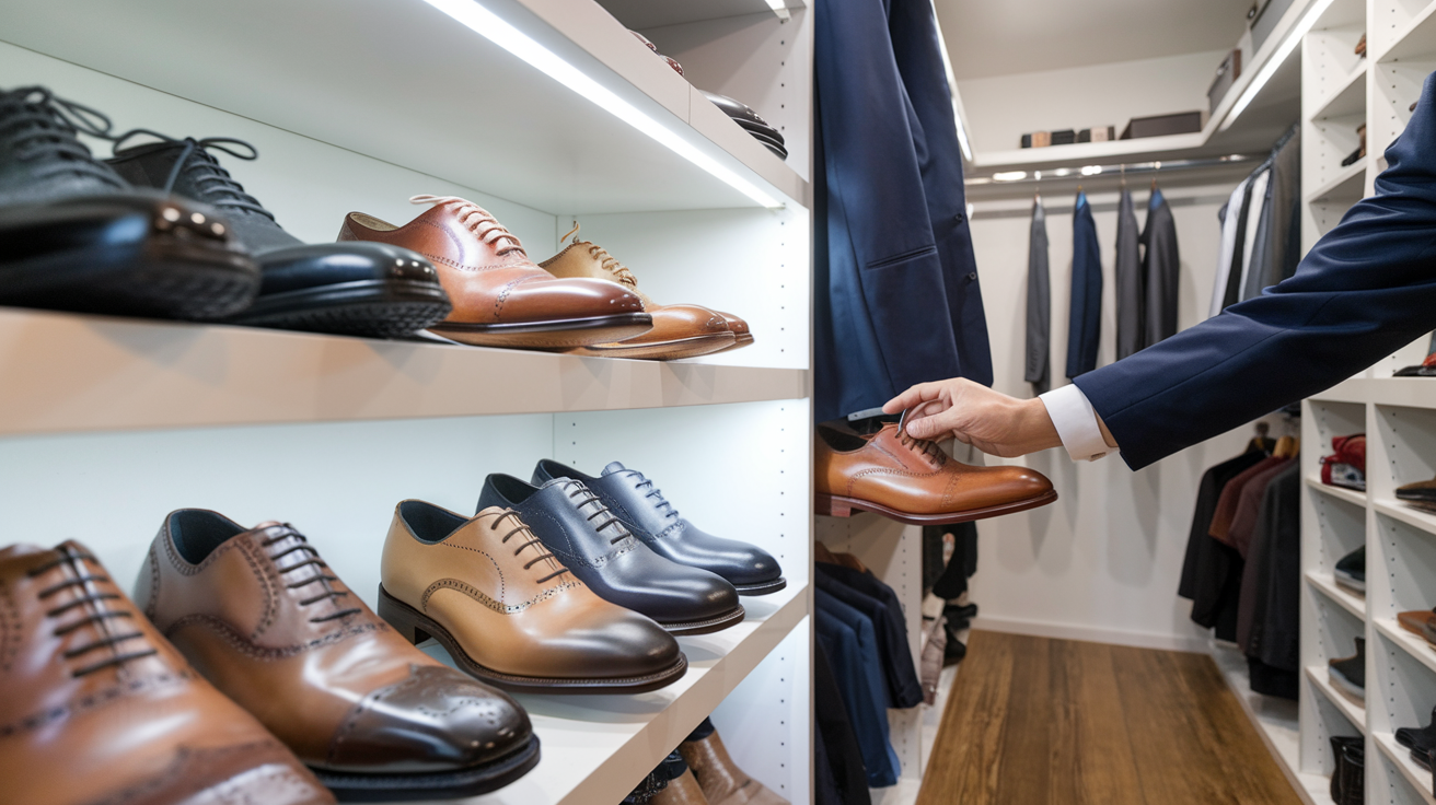 Create a realistic image of a well-lit walk-in closet with various leather shoes neatly arranged on shelves, focusing on a white male hand selecting a brown leather oxford to match with a navy blue suit hanging nearby, conveying a sense of style and coordination.